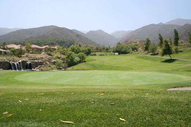 A view of the downhill par-3 7th hole at Glen Ivy Golf Club
