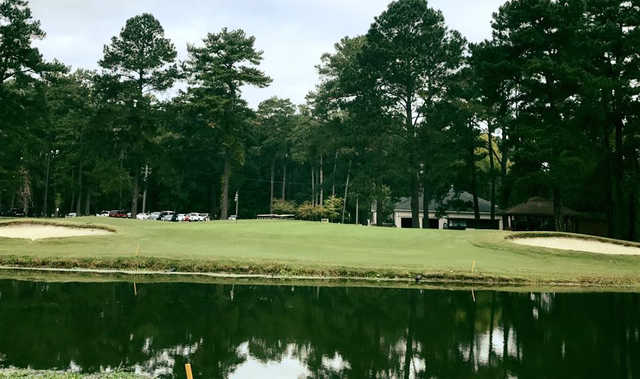 A view over the water of a hole at Stumpy Lake Golf Course.