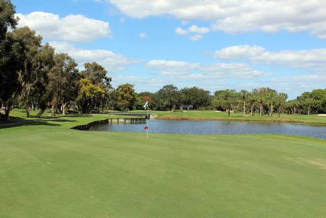 A view of the signature hole, #16 at Boca Royale Golf & Country Club.