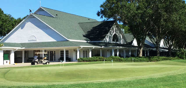 A view of the clubhouse and practice putting green at Halifax Plantation.