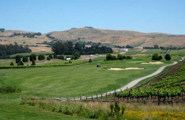 Eagle Vines Vineyards & Golf Club's 13th and 14th fairways are framed by a future shipment of Sauvignon Blanc.