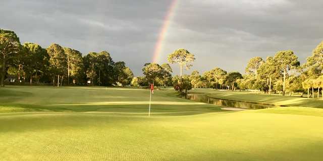 A view of the rainbow over a hole at Regulation Course from Legacy Golf Club.