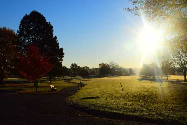 A fall day view of a tee at Ashland Golf Club.