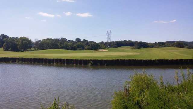 A view over the water of a hole at Egwani Farms Golf Course.