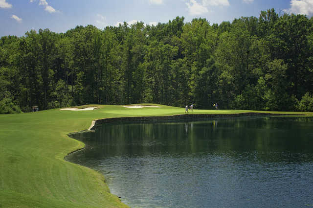 A view of the 3rd green at Belmont Lake Golf Club.
