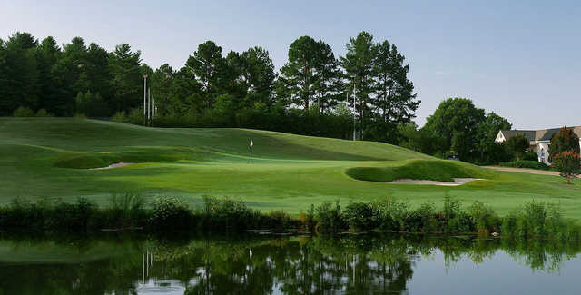 A view of a hole with water and bunkers coming into play at Cross Creek Country Club.