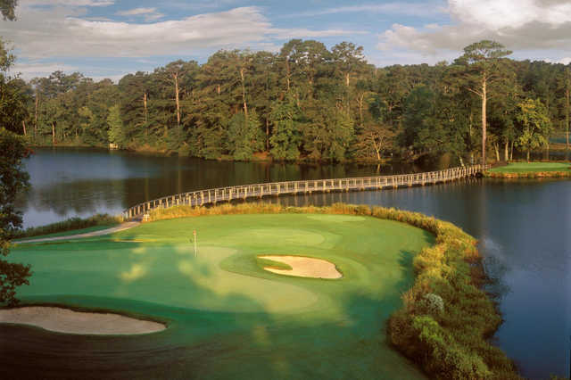 A view of a hole with water and bunkers coming into play from Lake View at Callaway Gardens Resort.
