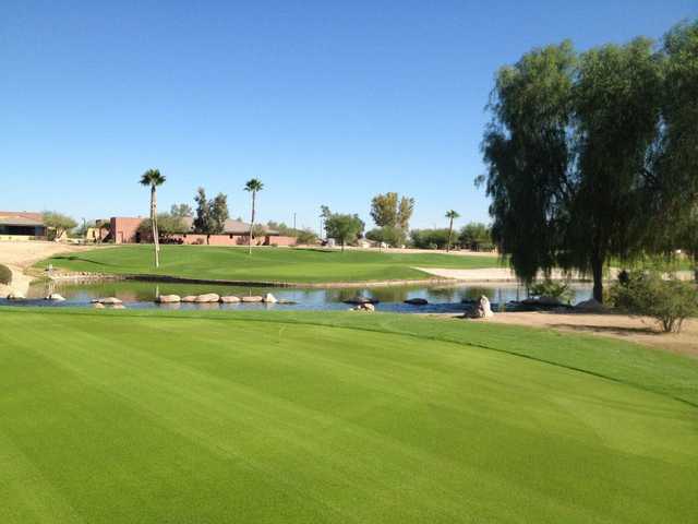 A view of hole #9 and the practice green at Lone Tree Golf Club.