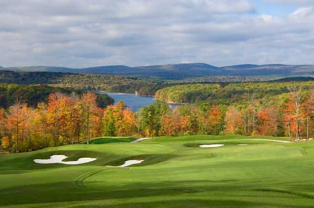 A view of the 13th green at the Lodestone Golf Club with the Deep Creek Lake in background