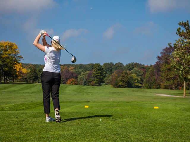 A fall day view of a tee at Tyandaga Golf Course.