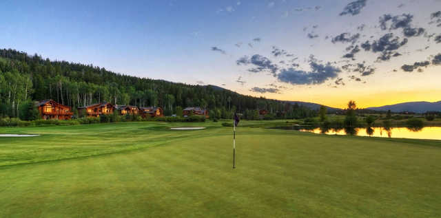 A sunset view of a hole from Headwaters Club at Teton Springs.