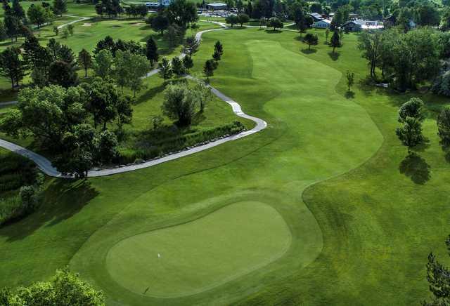 Aerial view of the 1st green at Raccoon Creek Golf Course.