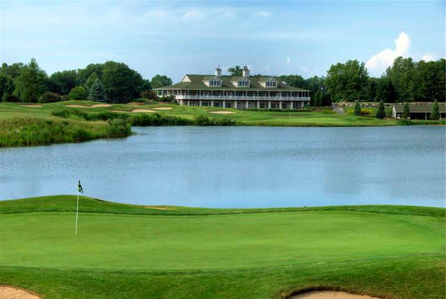 A view of hole #17 with green #18 and the clubhouse in background at Front 9/Middle 9 from Hawk Hollow Championship Golf Course.