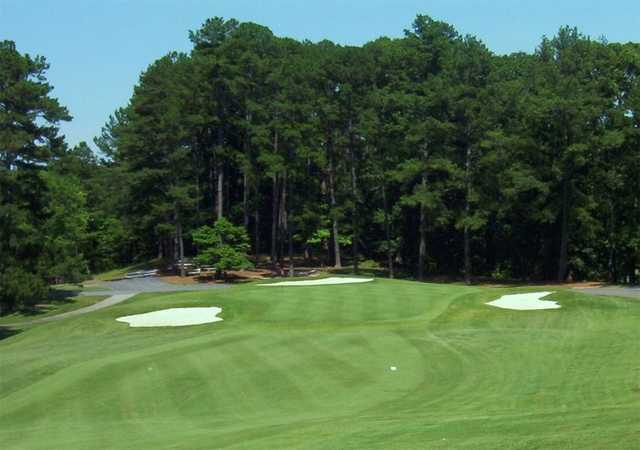 A view of a well protected hole at Mystery Valley Golf Club.