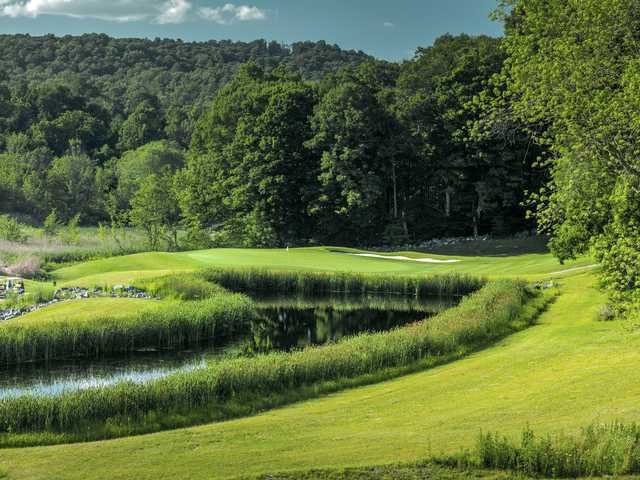 A view of a hole with water and bunkers coming into play at Putnam County Golf Course.