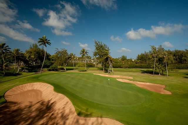 A view of the 18th hole at George Fazio Course from Turtle Bay Resort.