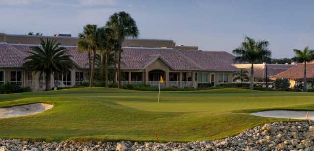 A view of a hole and the clubhouse at Worthington Country Club.