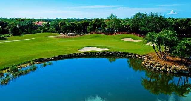 A view of a green with water coming into play at North Course from Shadow Wood Country Club.