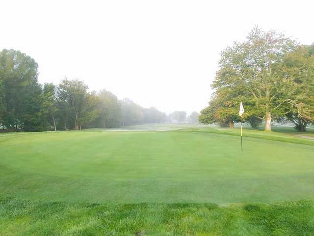 A morning day view of a green at Lucas Oil Golf Course.