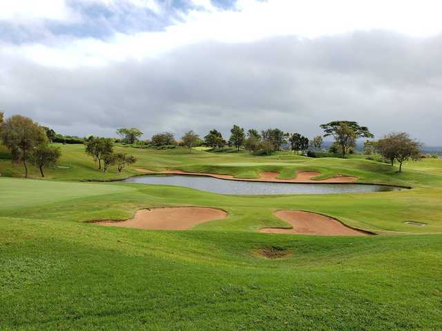 A view of a hole with water and bunkers coming into play at Royal Kunia Country Club.