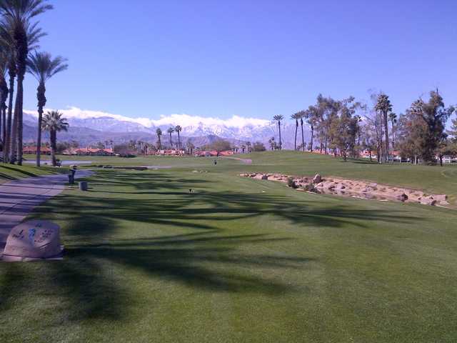 A view of tee #1 at Desert Falls Country Club.