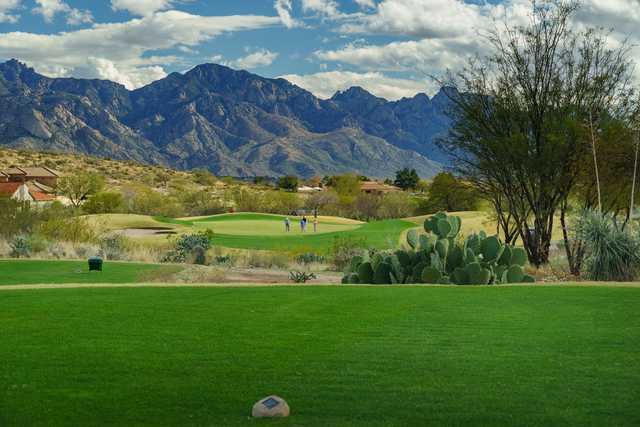 A view from a tee at MountainView Country Club with mountains in the distance.