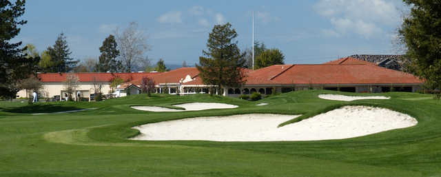 A view of the clubhouse  and tricky bunkers at Foxtail Golf Club.