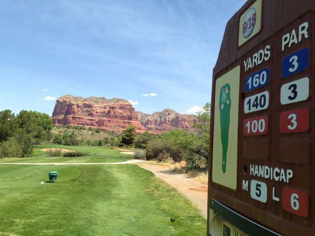 A view from tee #9 sign at Canyon Mesa Country Club.