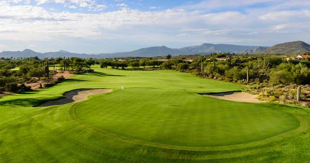 A view of the 1st green at Desert Forest Golf Club.