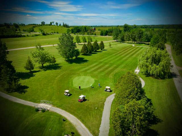 Aerial view of a green from Deer Run Golf Course.