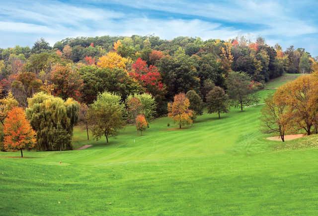 A fall day view of a fairway at Skyline Golf Course.