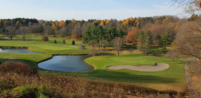 A fall day view of a green at Wayne Hills Country Club.