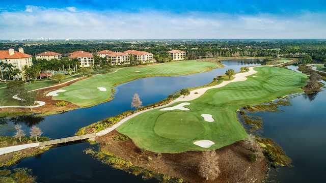 Aerial view of the 9th and 18th holes from The Gold Course at Tiburón Golf Club