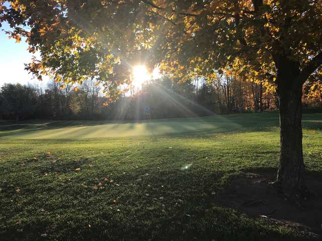 A fall morning view of a hole at Crystal Woods Golf Club.