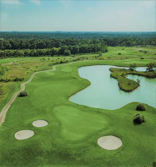 Aerial view of the 7th green at Clear Creek Golf Course.