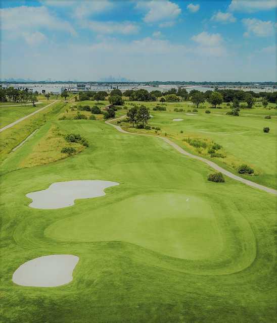 Aerial view of the 14th green at Clear Creek Golf Course.