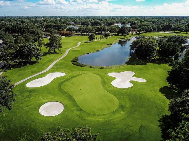 Aerial view of the 12th green at Golf Club at Cinco Ranch.