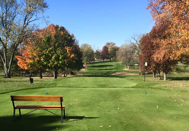 A fall day view of a tee at Quincy Country Club.