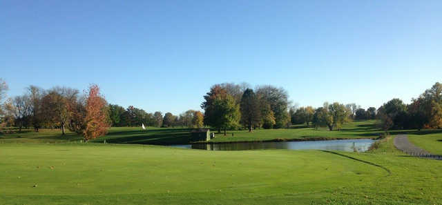A fall day view of a green at Westview Golf Course.