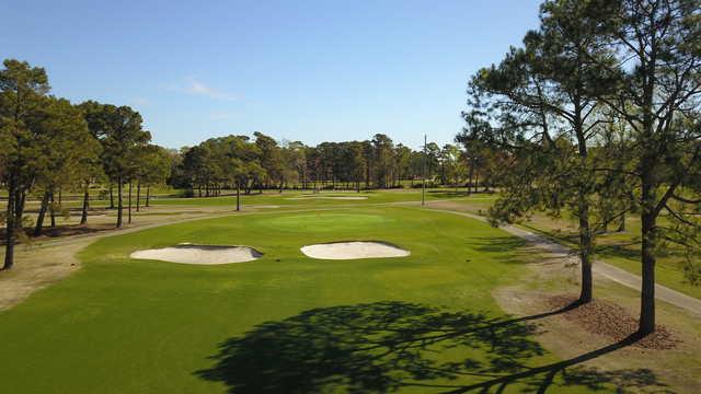 Aerial view of a green at Azalea Sands Golf Course.
