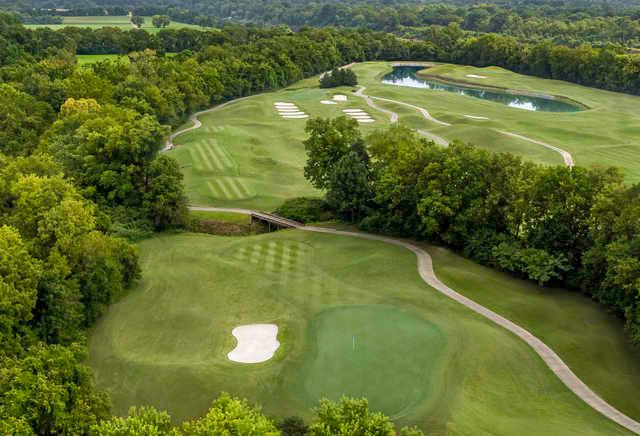 Aerial view of the 17th hole at Gaylord Springs Golf Links.