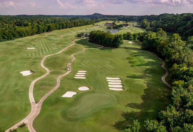 Aerial view of the 16th hole at Gaylord Springs Golf Links.