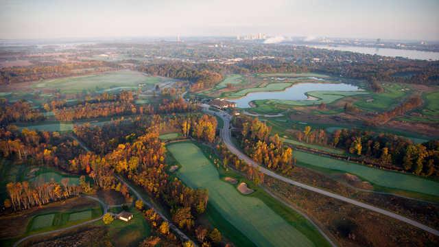 Aerial view of the 18th hole from the Ussher's Creek at Legends on the Niagara Golf Course