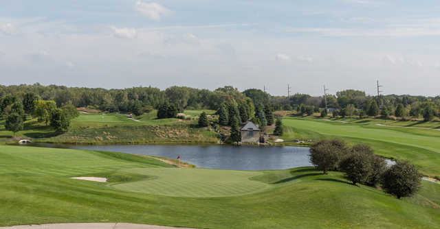 A view of a green with water coming into play at Makray Memorial Golf Club.