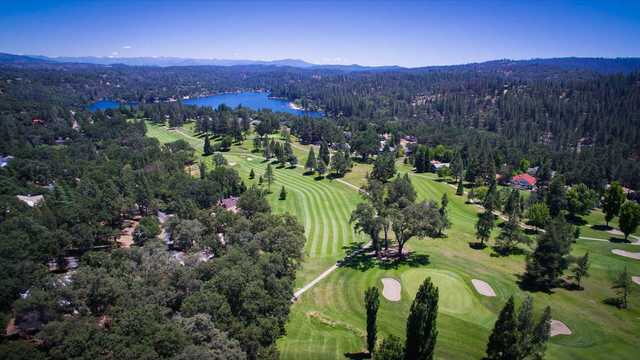 Aerial view of the 10th green and 11th fairway and green at Pine Mountain Lake Golf Course.