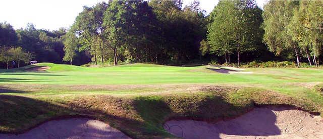 A sunny day view of a green at West Herts Golf Club.