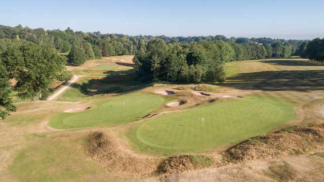 Aerial view of the 13th and 17th greens at Prestbury Golf Club.
