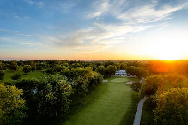 Aerial view of the 14th fairway and green at Port Colborne Country Club.