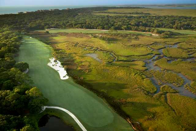 Aerial view of the 9th and 18th holes from the Oak Marsh course at Omni Amelia Island Resort.