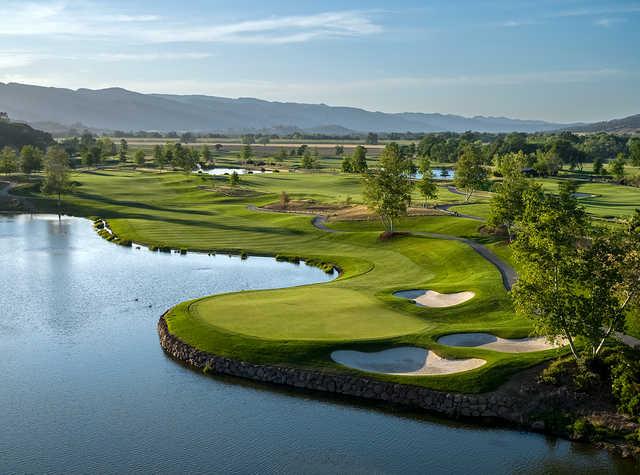 Aerial view of the 17th green from the Yocha Dehe Golf Club at Cache Creek Casino Resort.